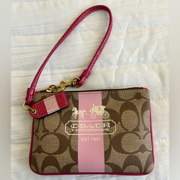 Coach Handbags - Final Price Coach Wristlet Signature Coated Pink Trim Carriage Logo Plaid Lining